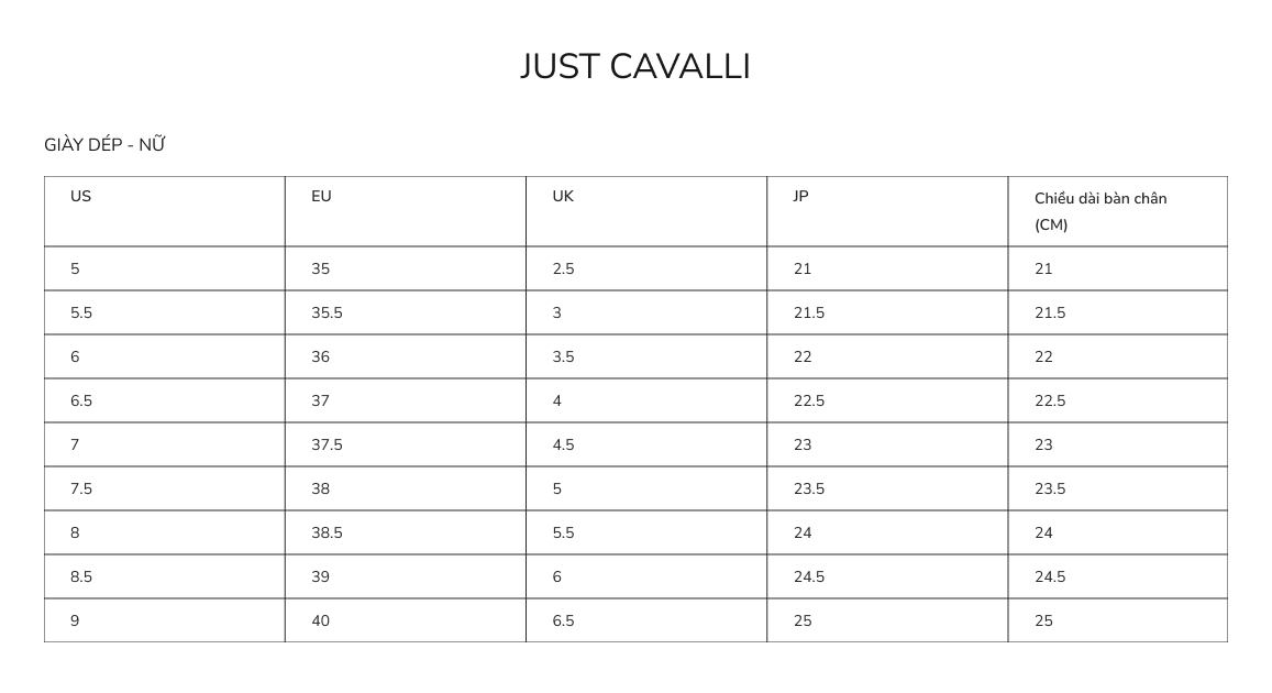 Just Cavalli Size chart N Giay dep StyleOutlet